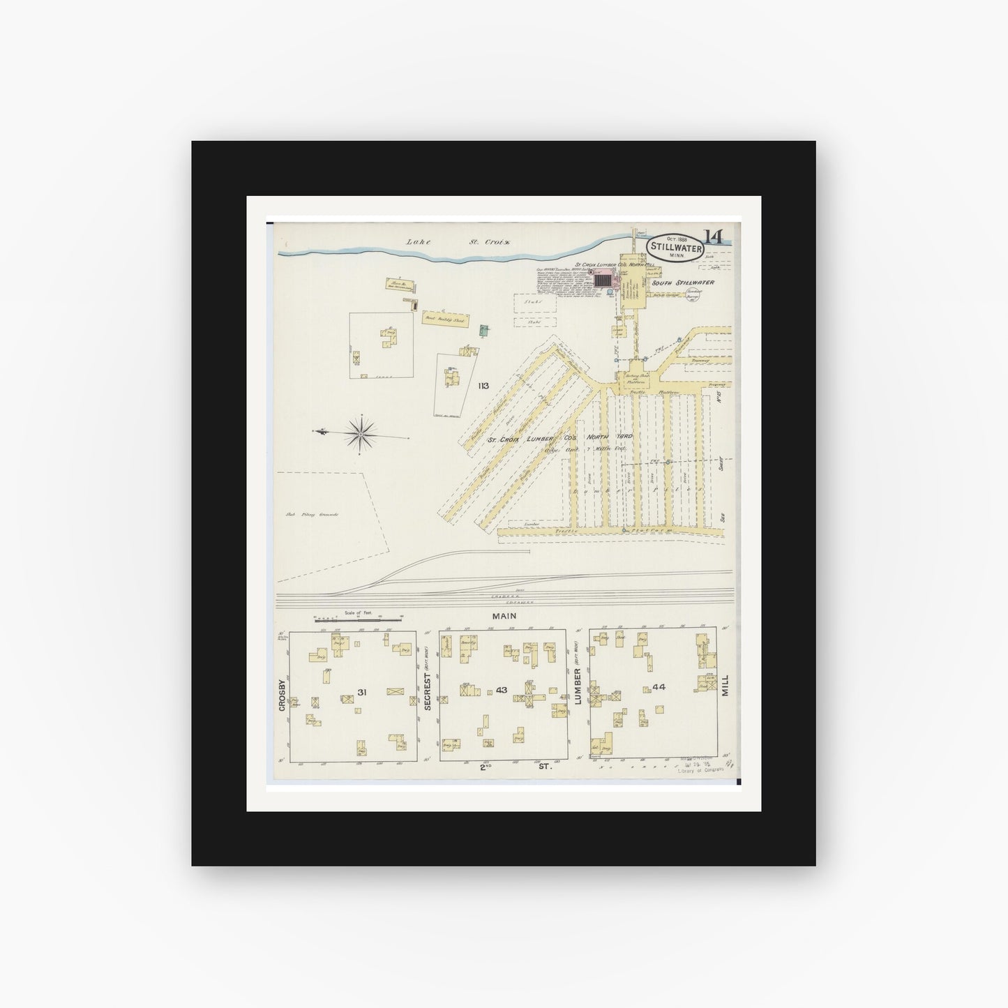 Old map wall art mockup — black gallery frame with white mat — Sanborn Fire Insurance Map from Stillwater, Washington County, Minnesota (1888), Sheet #0014