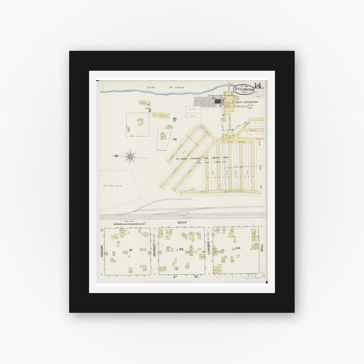 Old map wall art mockup — black gallery frame with white mat — Sanborn Fire Insurance Map from Stillwater, Washington County, Minnesota (1888), Sheet #0014