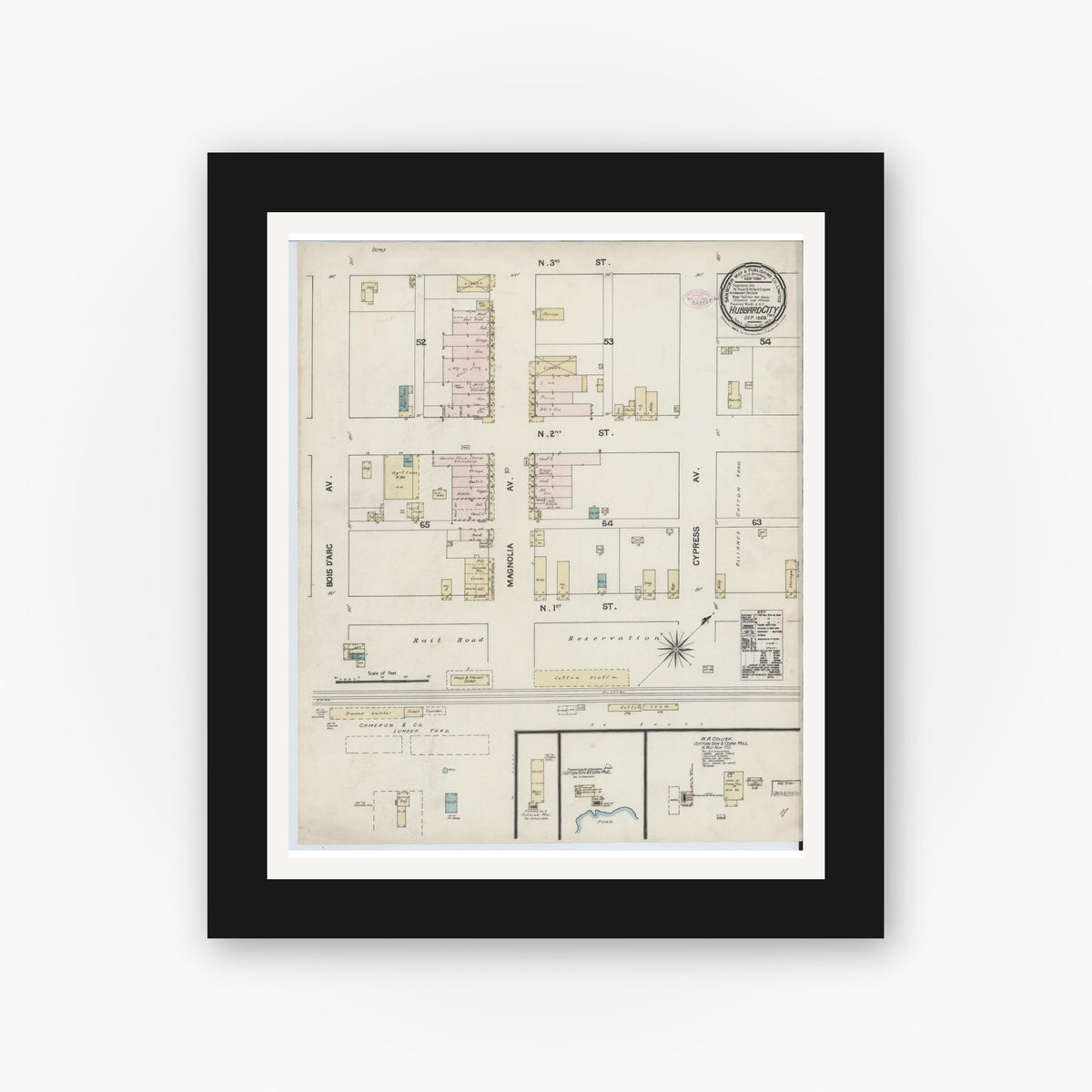 Old map wall art mockup — black gallery frame with white mat — Sanborn Fire Insurance Map from Hubbard, Hill County, Texas (1888), Sheet #0001