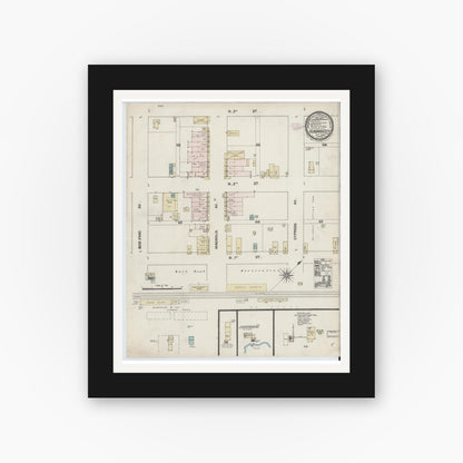 Old map wall art mockup — black gallery frame with white mat — Sanborn Fire Insurance Map from Hubbard, Hill County, Texas (1888), Sheet #0001