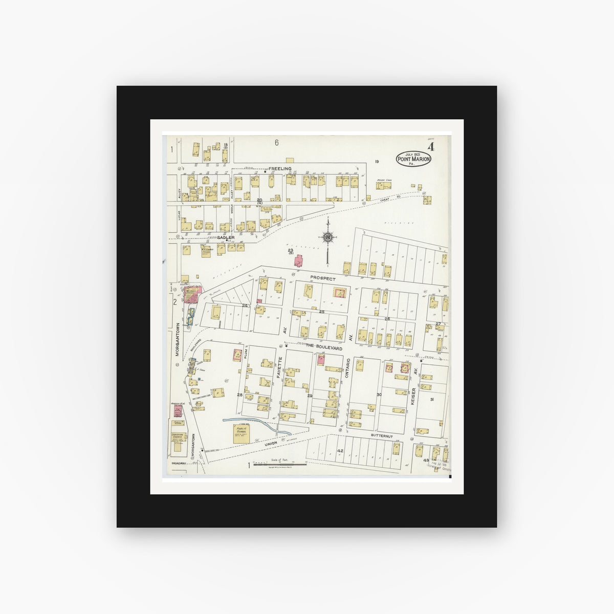 Old map wall art mockup — black gallery frame with white mat — Sanborn Fire Insurance Map from Point Marion, Fayette County, Pennsylvania (1921), Sheet #0004