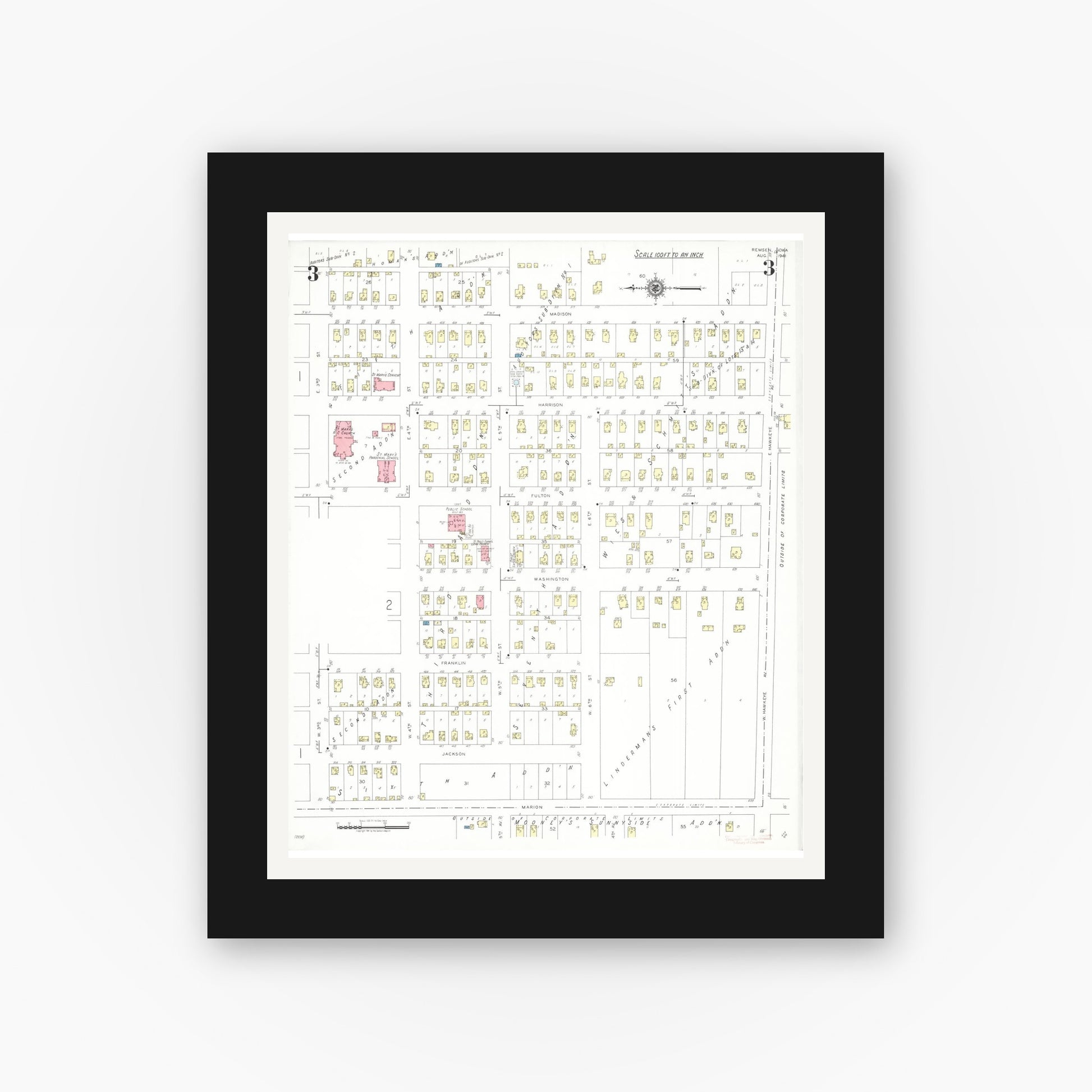 Old map wall art mockup — black gallery frame with white mat — Sanborn Fire Insurance Map from Remsen, Plymouth County, Iowa (1941), Sheet #0003