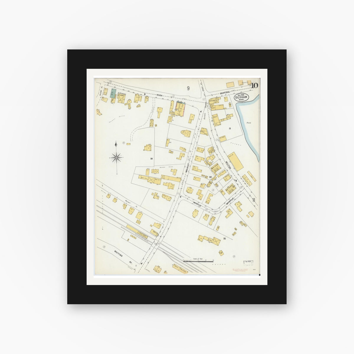 Old map wall art mockup — black gallery frame with white mat — Sanborn Fire Insurance Map from Dedham, Norfolk County, Massachusetts (1903), Sheet #0010