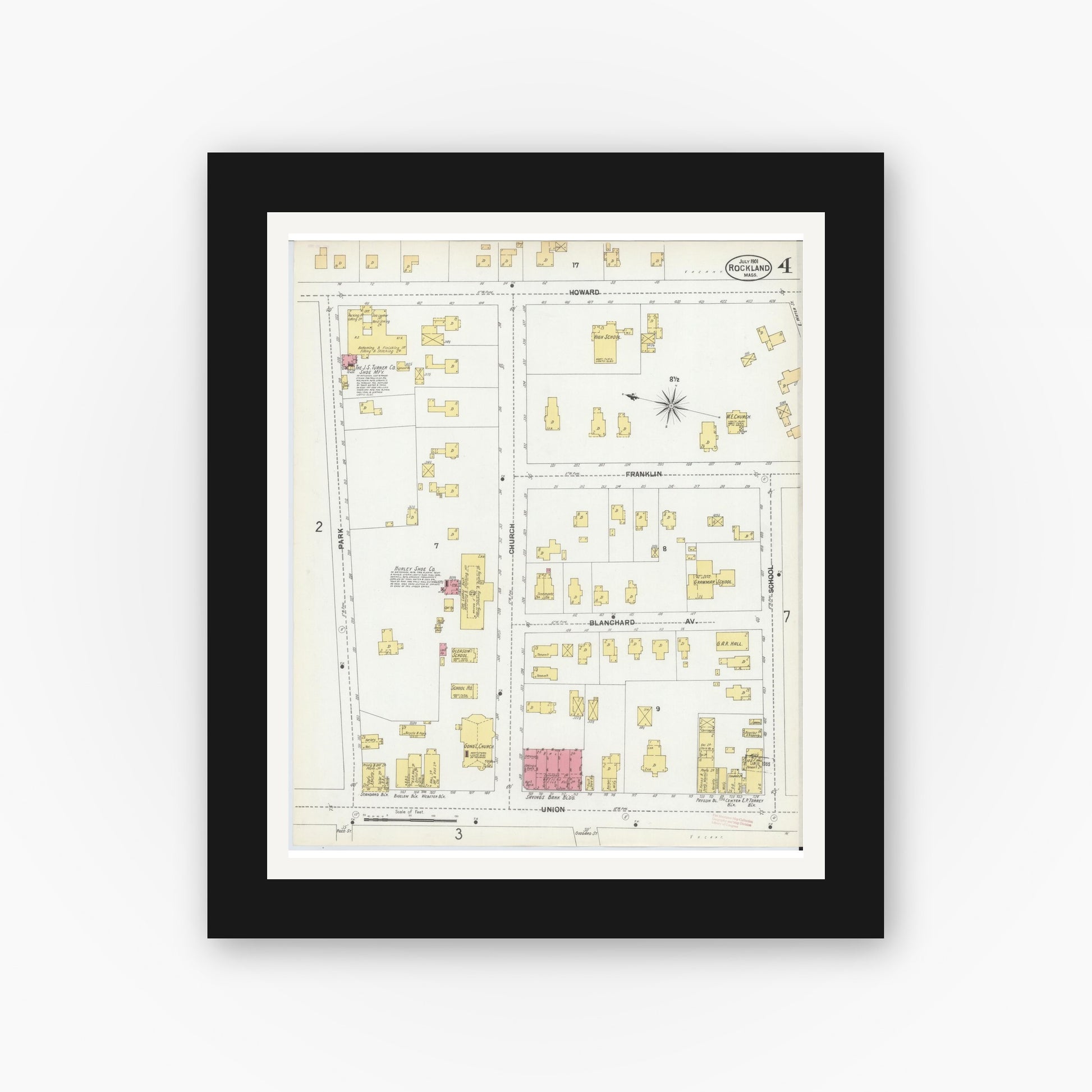Old map wall art mockup — black gallery frame with white mat — Sanborn Fire Insurance Map from Rockland, Plymouth County, Massachusetts (1901), Sheet #0004
