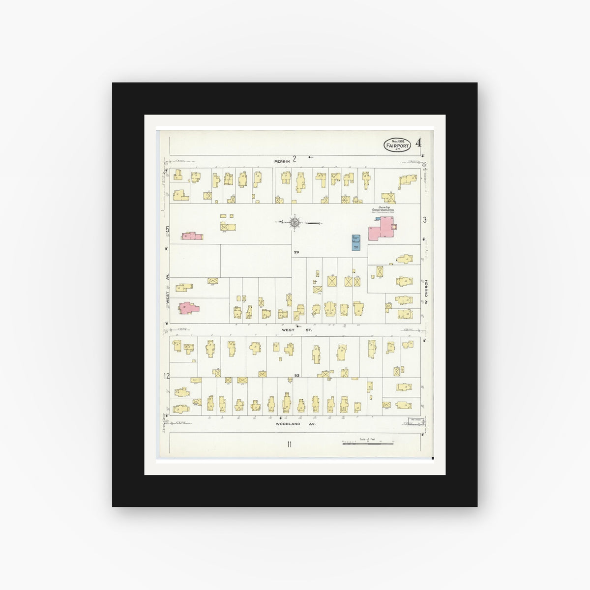 Old map wall art mockup — black gallery frame with white mat — Sanborn Fire Insurance Map from Fairport, Monroe County, New York (1909), Sheet #0004
