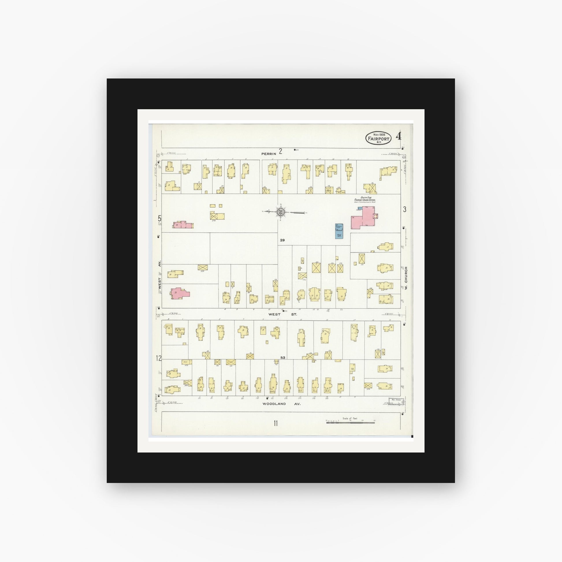 Old map wall art mockup — black gallery frame with white mat — Sanborn Fire Insurance Map from Fairport, Monroe County, New York (1909), Sheet #0004