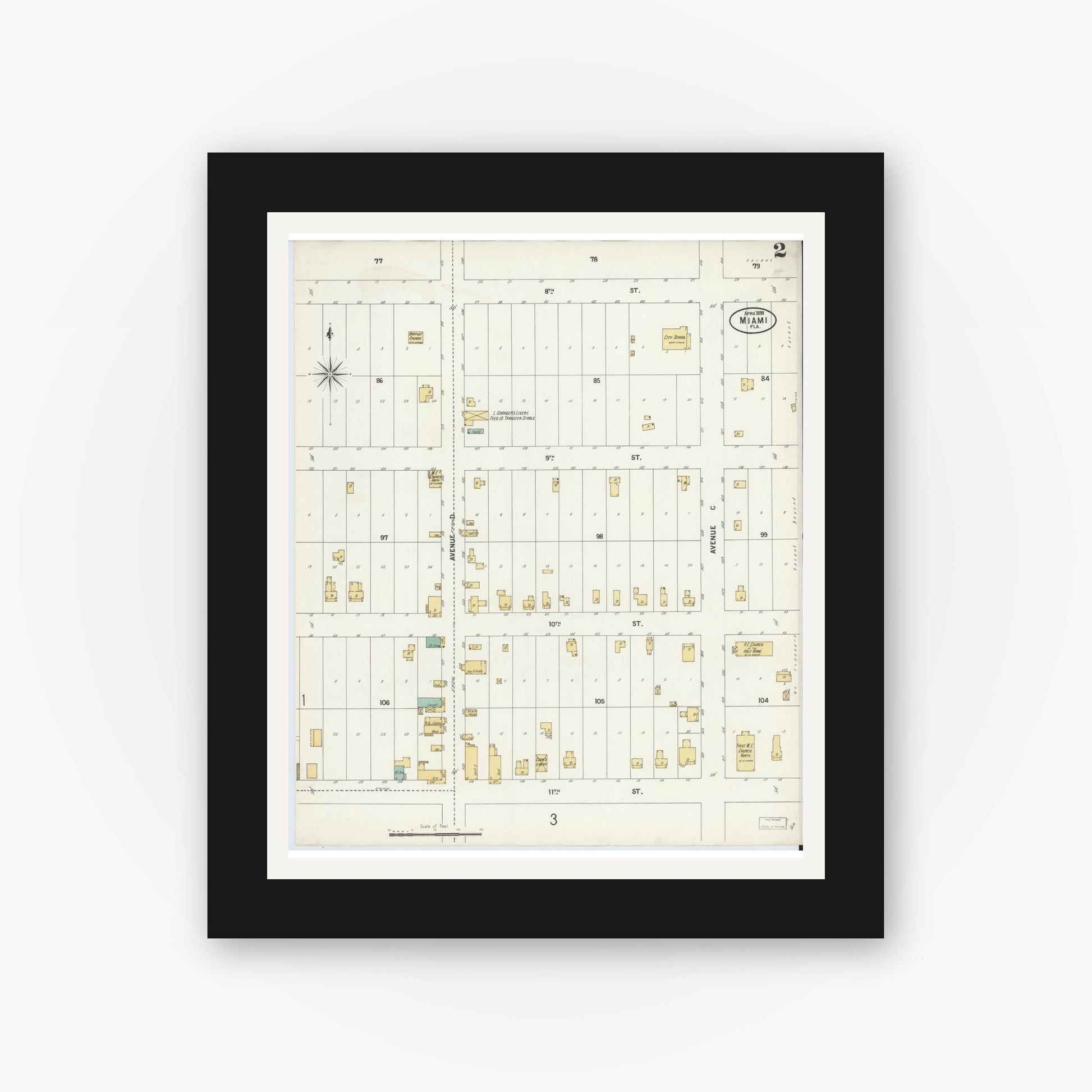 Old map wall art mockup — black gallery frame with white mat — Sanborn Fire Insurance Map from Miami, Dade County, Florida (1899), Sheet #0002