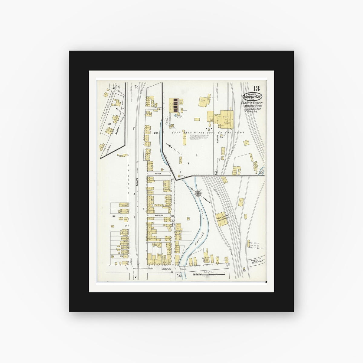 Old map wall art mockup — black gallery frame with white mat — Sanborn Fire Insurance Map from Mahanoy City, Schuylkill County, Pennsylvania (1920), Sheet #0013