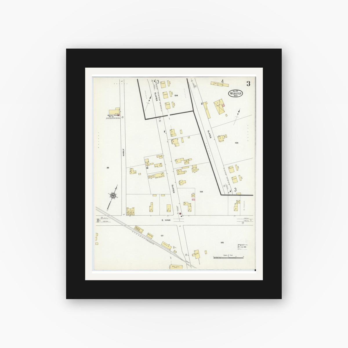 Old map wall art mockup — black gallery frame with white mat — Sanborn Fire Insurance Map from Webster, Worcester County, Massachusetts (1911), Sheet #0003
