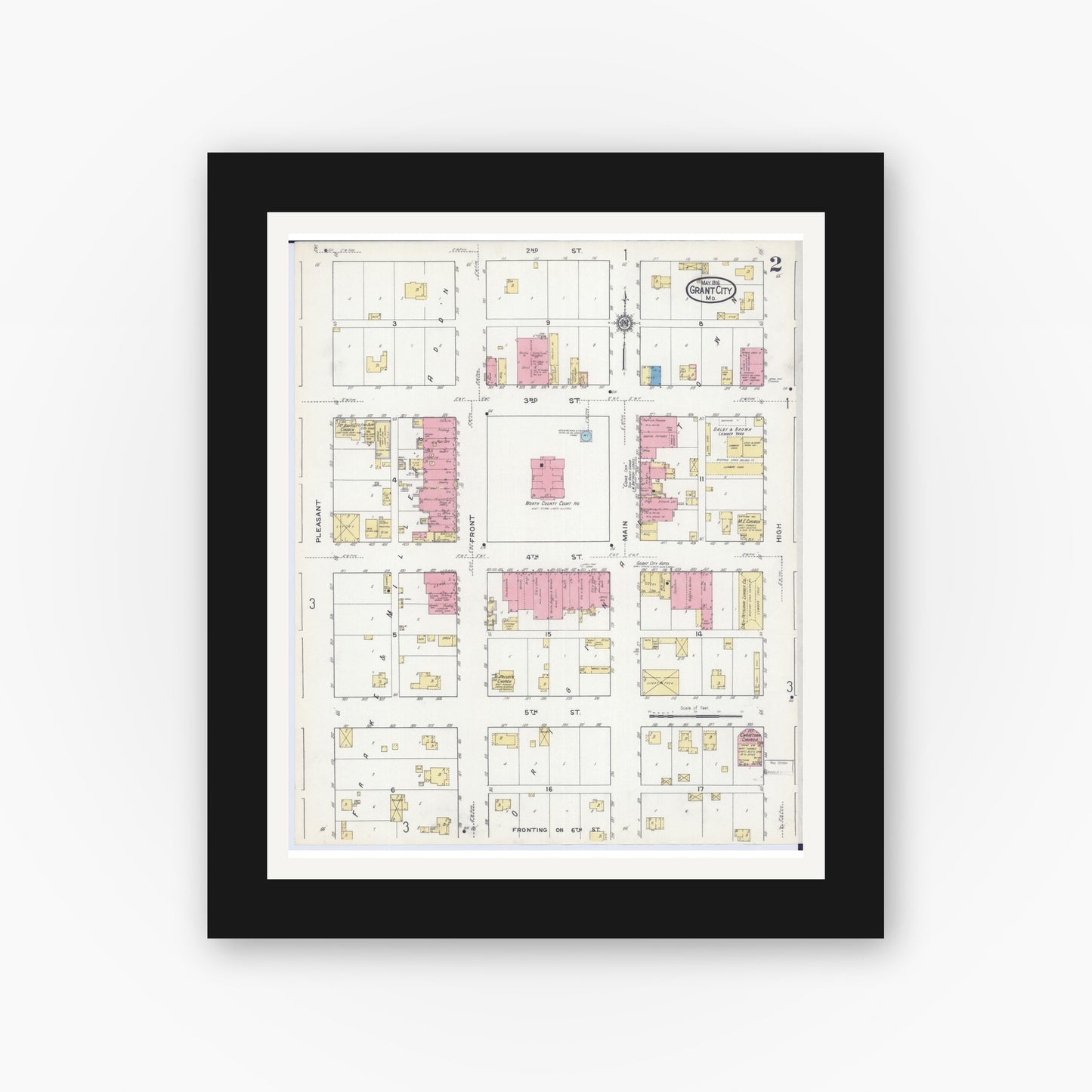 Old map wall art mockup — black gallery frame with white mat — Sanborn Fire Insurance Map from Grant City, Worth County, Missouri (1916), Sheet #0002