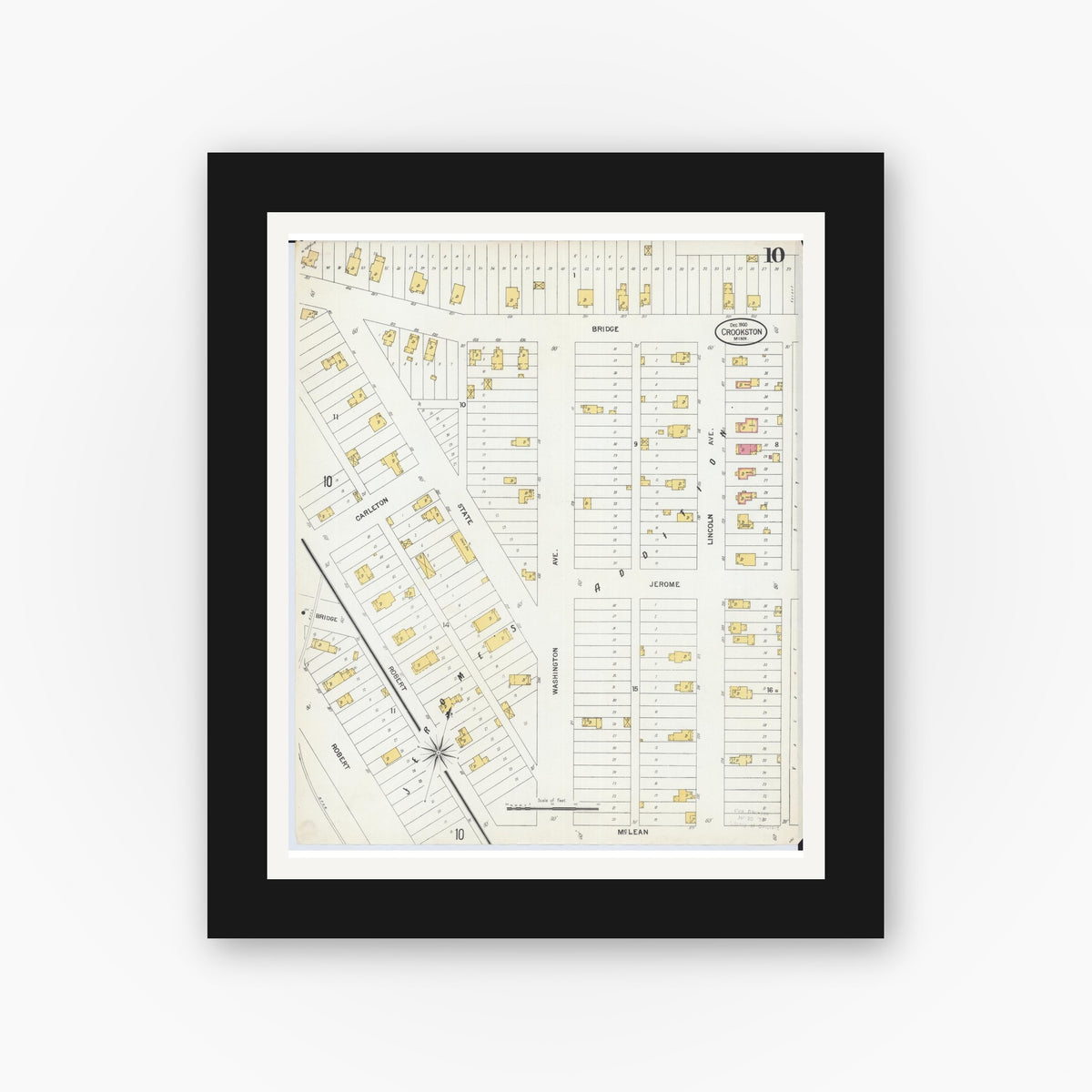 Old map wall art mockup — black gallery frame with white mat — Sanborn Fire Insurance Map from Crookston, Polk County, Minnesota (1900), Sheet #0010