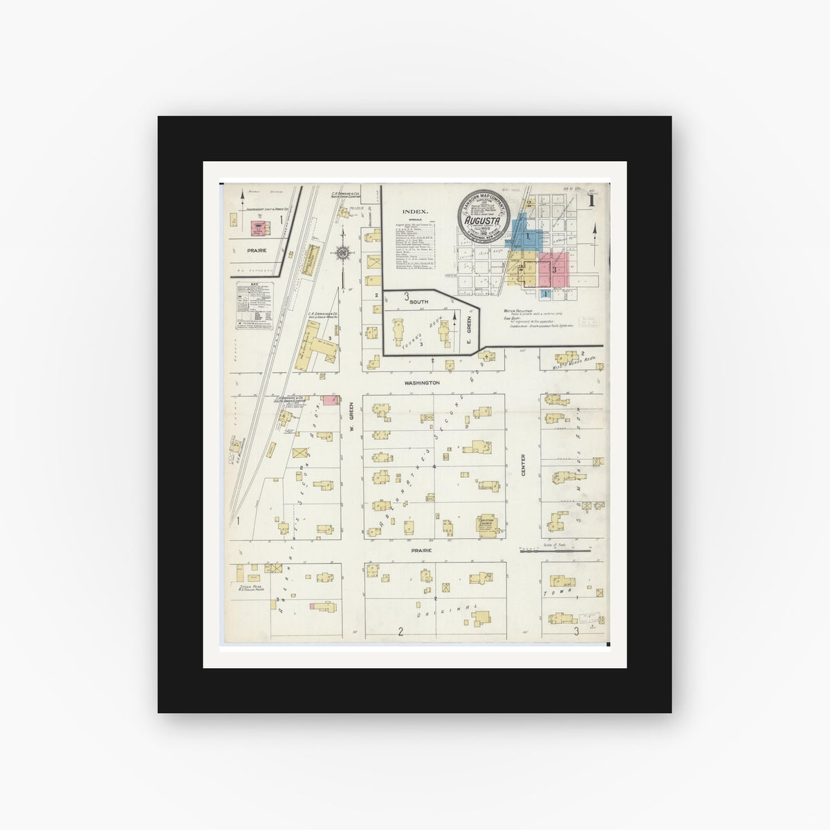 Old map wall art mockup — black gallery frame with white mat — Sanborn Fire Insurance Map from Augusta, Hancock County, Illinois (1912) - Complete Map Set