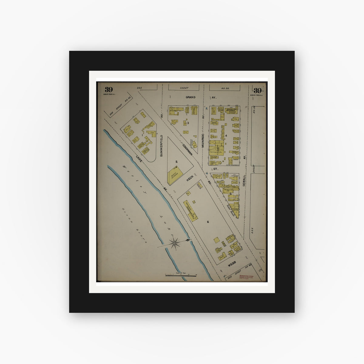 Old map wall art mockup — black gallery frame with white mat — Sanborn Fire Insurance Map from New Jersey Coast, New Jersey Coast, New Jersey (1890), Sheet #0039
