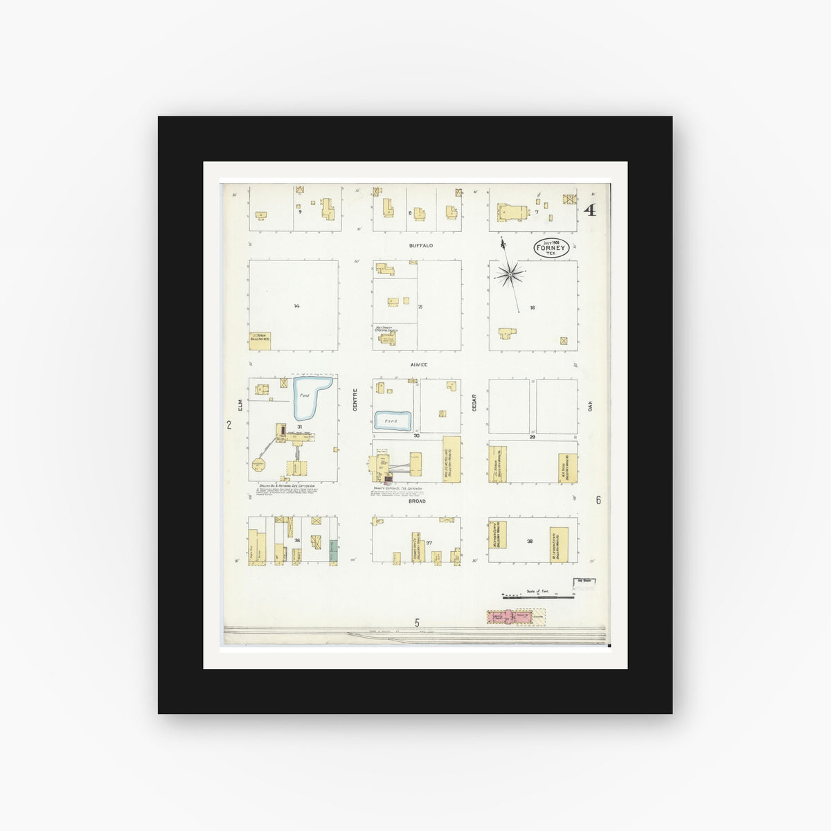 Old map wall art mockup — black gallery frame with white mat — Sanborn Fire Insurance Map from Forney, Kaufman County, Texas (1906), Sheet #0004