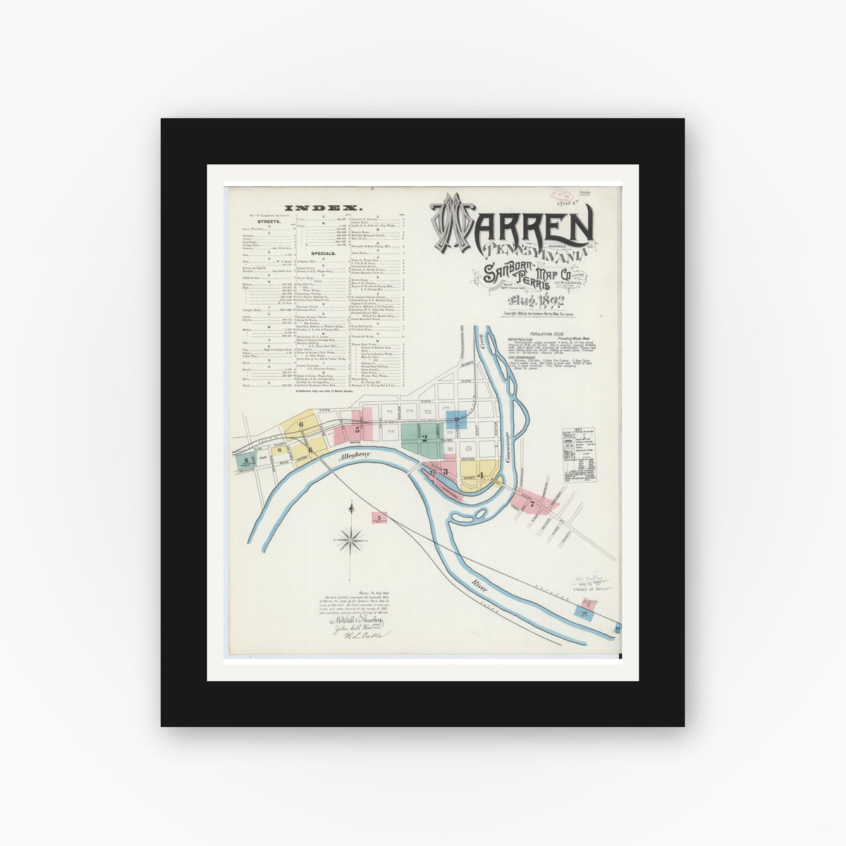 Old map wall art mockup — black gallery frame with white mat — Sanborn Fire Insurance Map from Warren, Warren County, Pennsylvania (1892), Sheet #0001