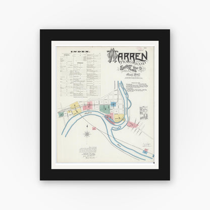 Old map wall art mockup — black gallery frame with white mat — Sanborn Fire Insurance Map from Warren, Warren County, Pennsylvania (1892), Sheet #0001