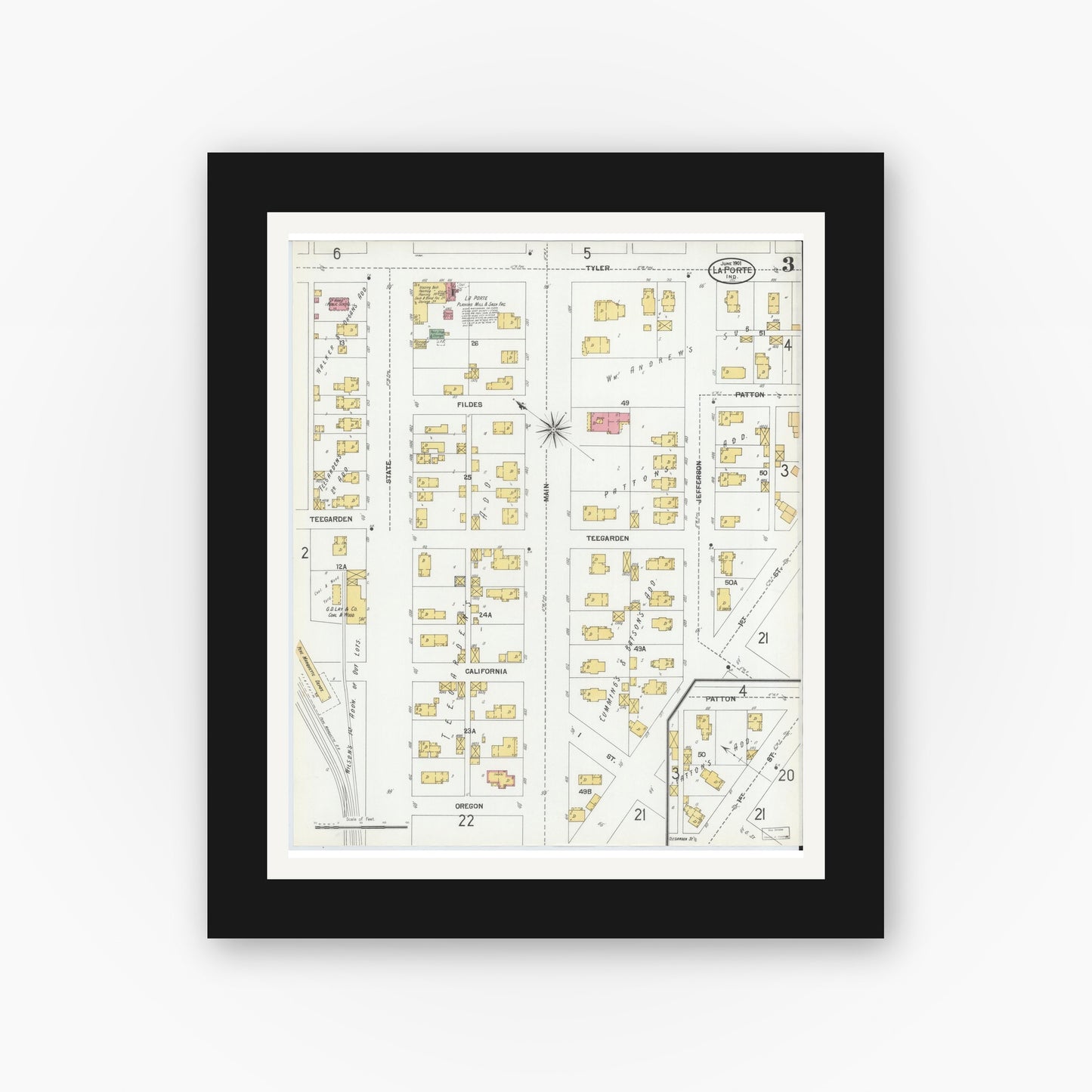 Old map wall art mockup — black gallery frame with white mat — Sanborn Fire Insurance Map from La Porte, La Porte County, Indiana (1901), Sheet #0003