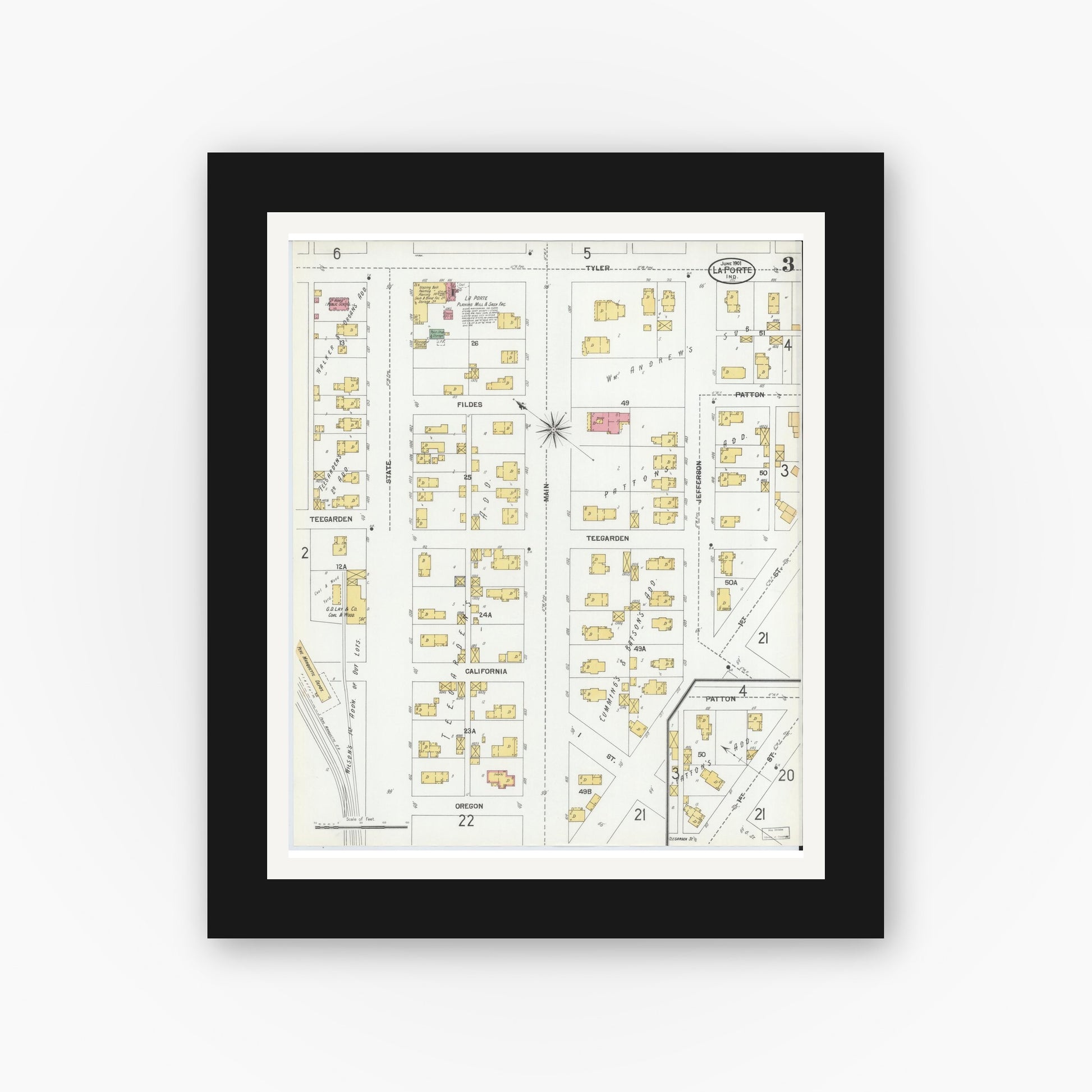 Old map wall art mockup — black gallery frame with white mat — Sanborn Fire Insurance Map from La Porte, La Porte County, Indiana (1901), Sheet #0003