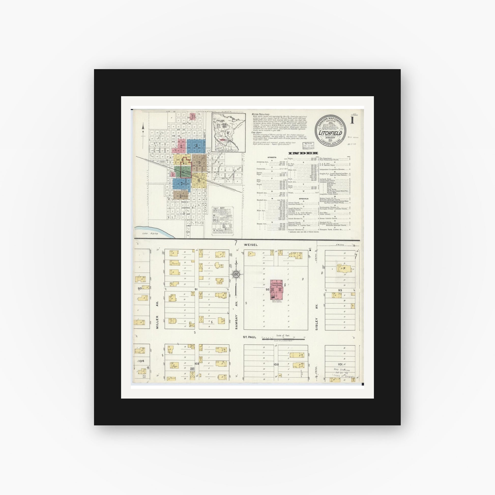 Old map wall art mockup — black gallery frame with white mat — Sanborn Fire Insurance Map from Litchfield, Meeker County, Minnesota (1917) - Complete Map Set