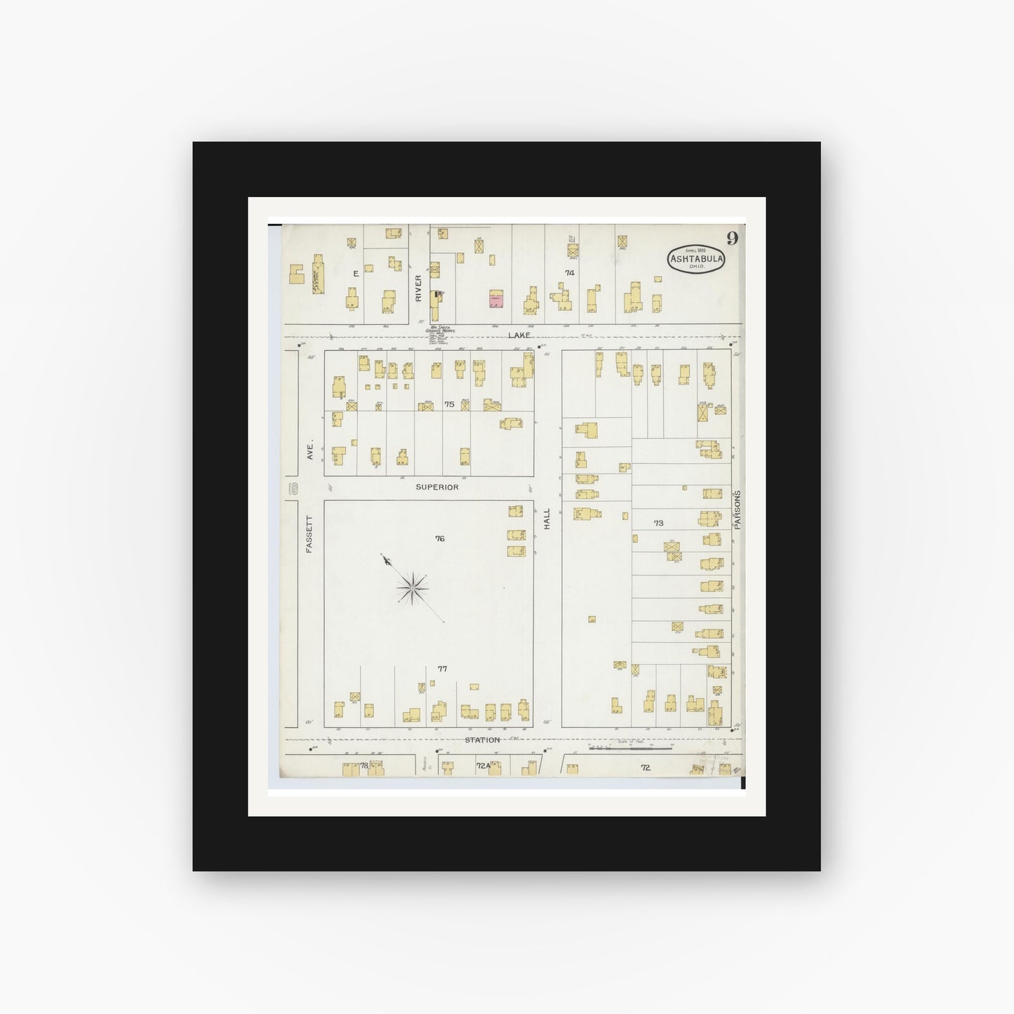 Old map wall art mockup — black gallery frame with white mat — Sanborn Fire Insurance Map from Ashtabula, Ashtabula County, Ohio (1893), Sheet #0009