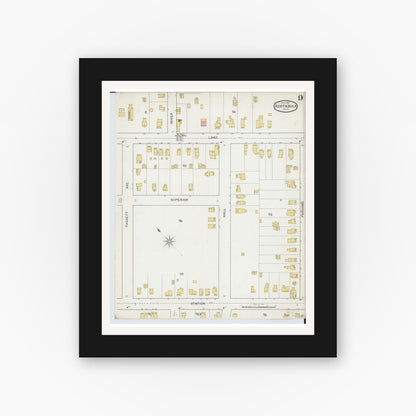 Old map wall art mockup — black gallery frame with white mat — Sanborn Fire Insurance Map from Ashtabula, Ashtabula County, Ohio (1893), Sheet #0009