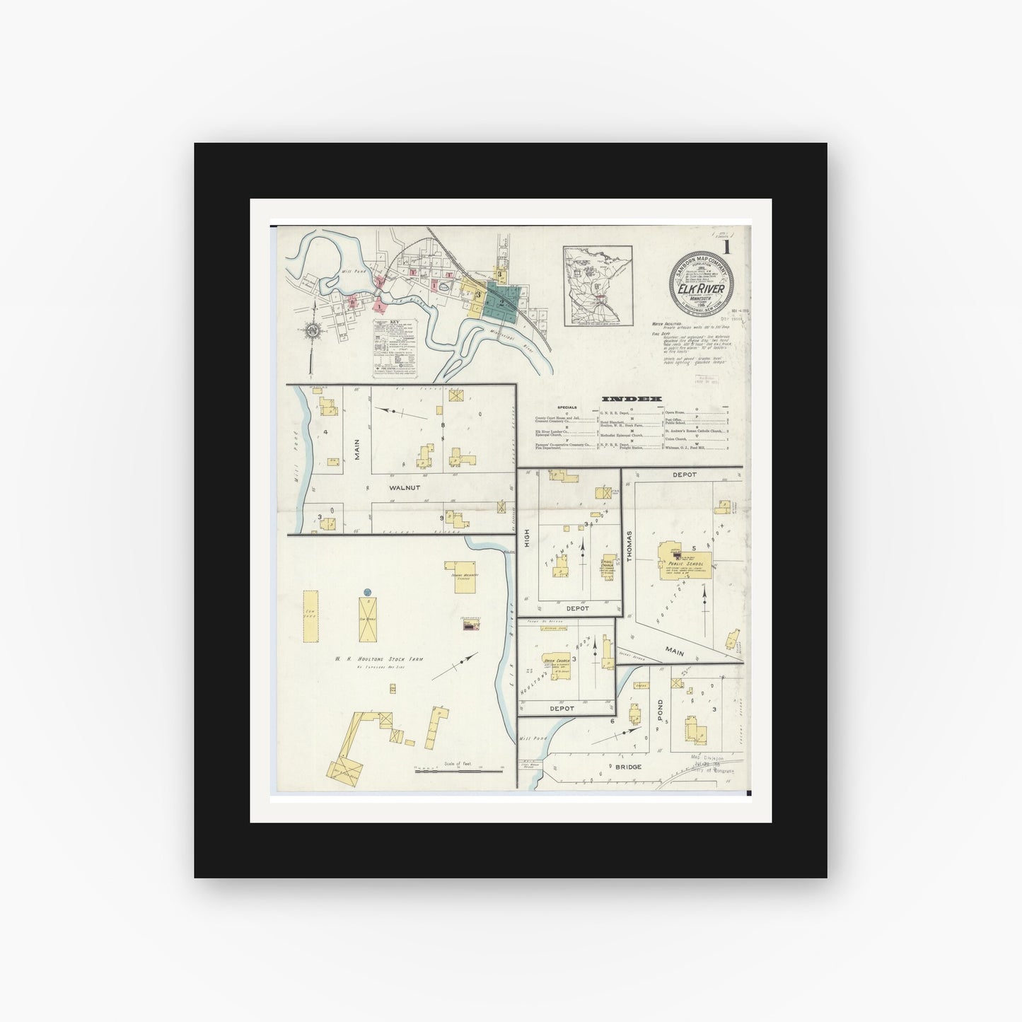 Old map wall art mockup — black gallery frame with white mat — Sanborn Fire Insurance Map from Elk River, Sherburne County, Minnesota (1915) - Complete Map Set