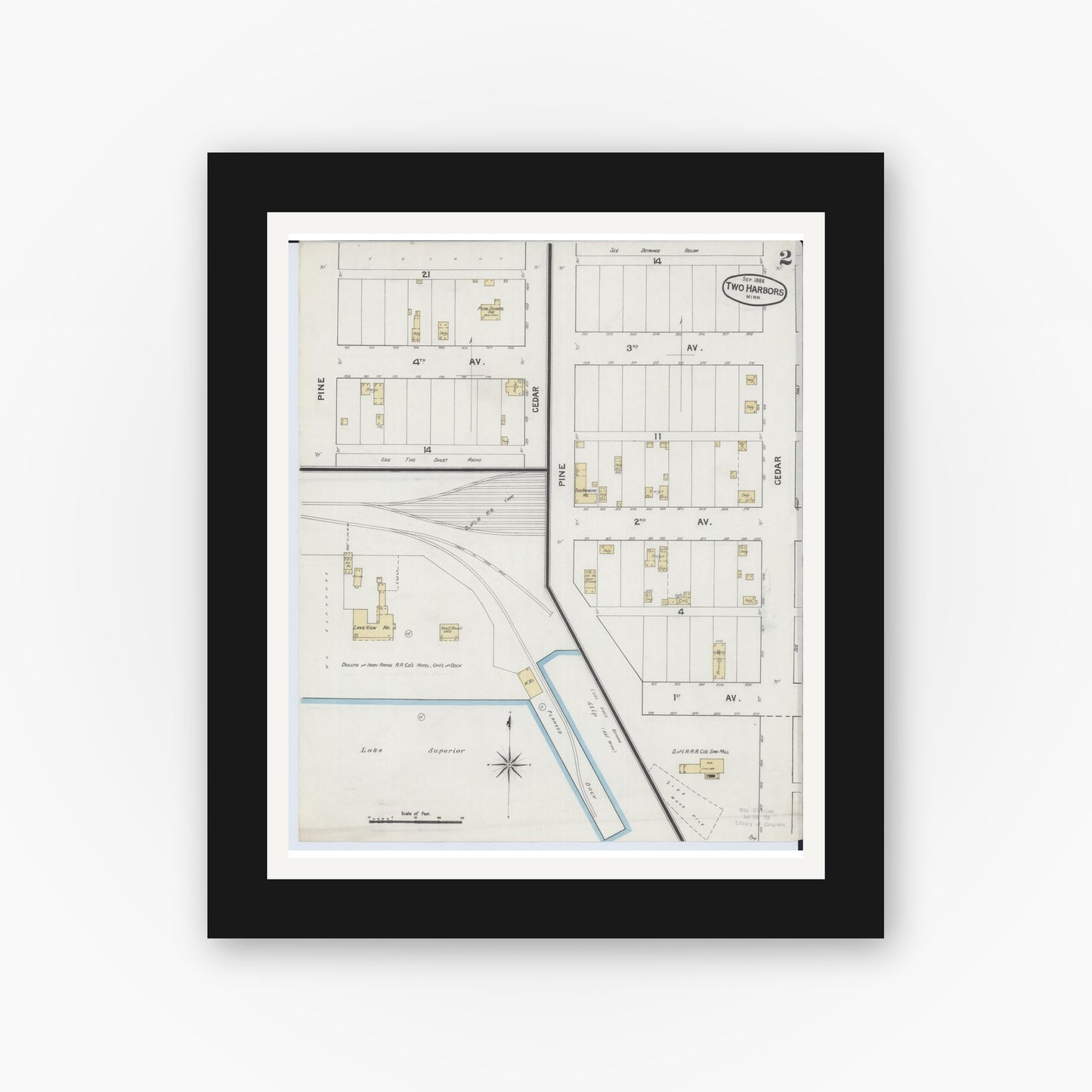 Old map wall art mockup — black gallery frame with white mat — Sanborn Fire Insurance Map from Two Harbors, Lake County, Minnesota (1888), Sheet #0002