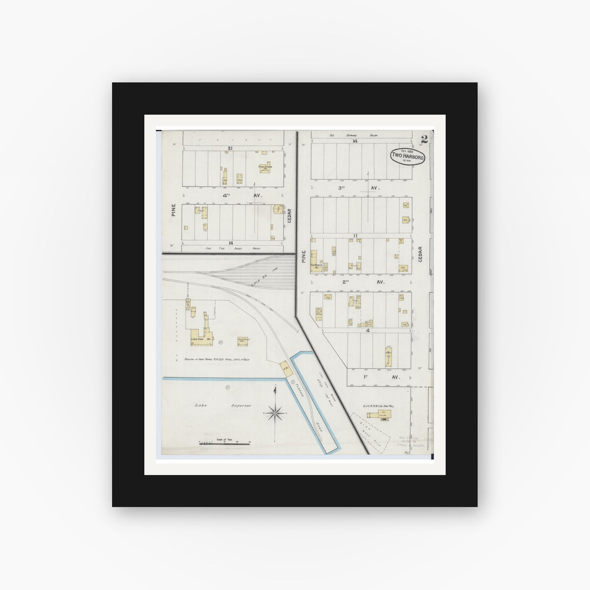 Old map wall art mockup — black gallery frame with white mat — Sanborn Fire Insurance Map from Two Harbors, Lake County, Minnesota (1888), Sheet #0002