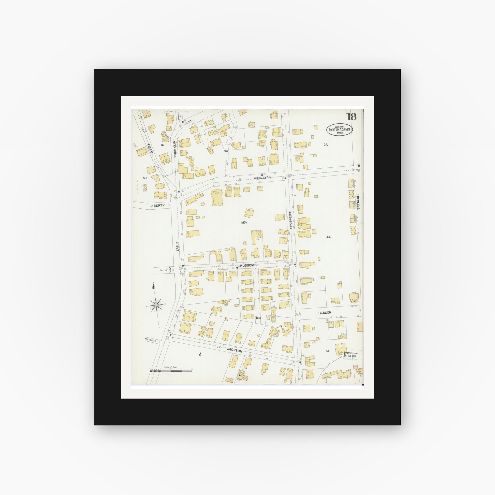Old map wall art mockup — black gallery frame with white mat — Sanborn Fire Insurance Map from North Adams, Berkshire County, Massachusetts (1901), Sheet #0018