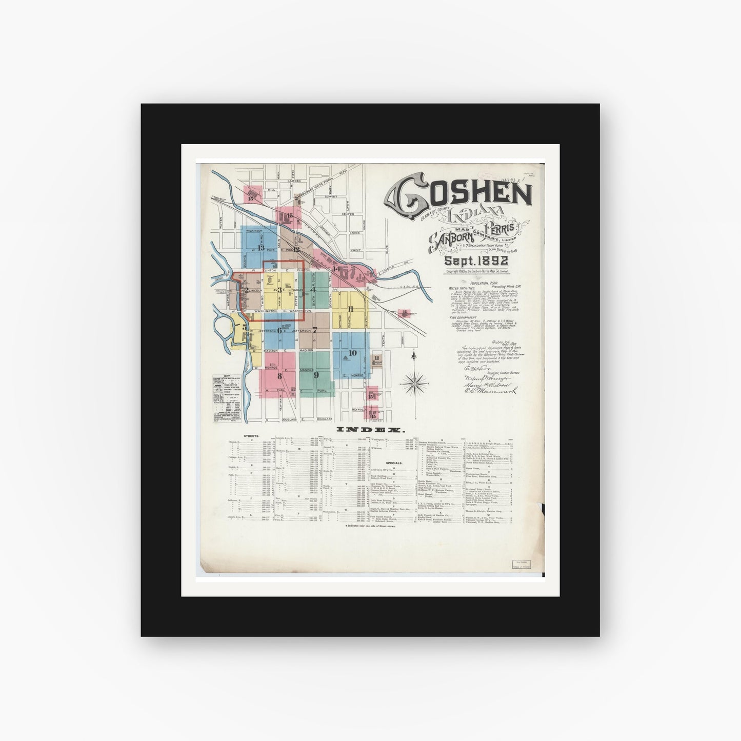 Old map wall art mockup — black gallery frame with white mat — Sanborn Fire Insurance Map from Goshen, Elkhart County, Indiana (1892) - Complete Map Set