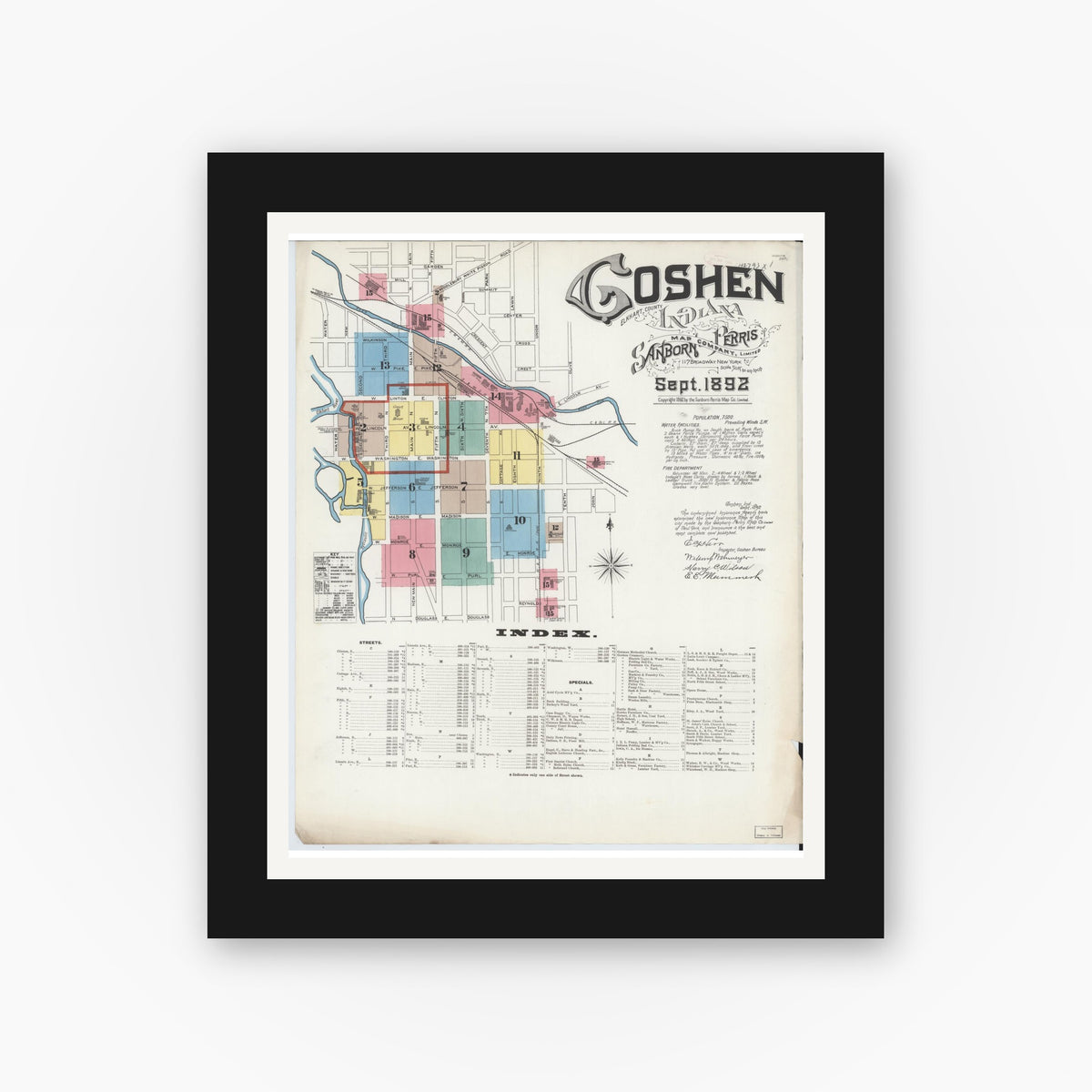 Old map wall art mockup — black gallery frame with white mat — Sanborn Fire Insurance Map from Goshen, Elkhart County, Indiana (1892) - Complete Map Set