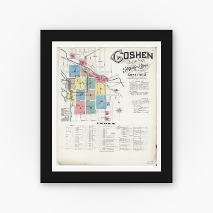 Old map wall art mockup — black gallery frame with white mat — Sanborn Fire Insurance Map from Goshen, Elkhart County, Indiana (1892) - Complete Map Set