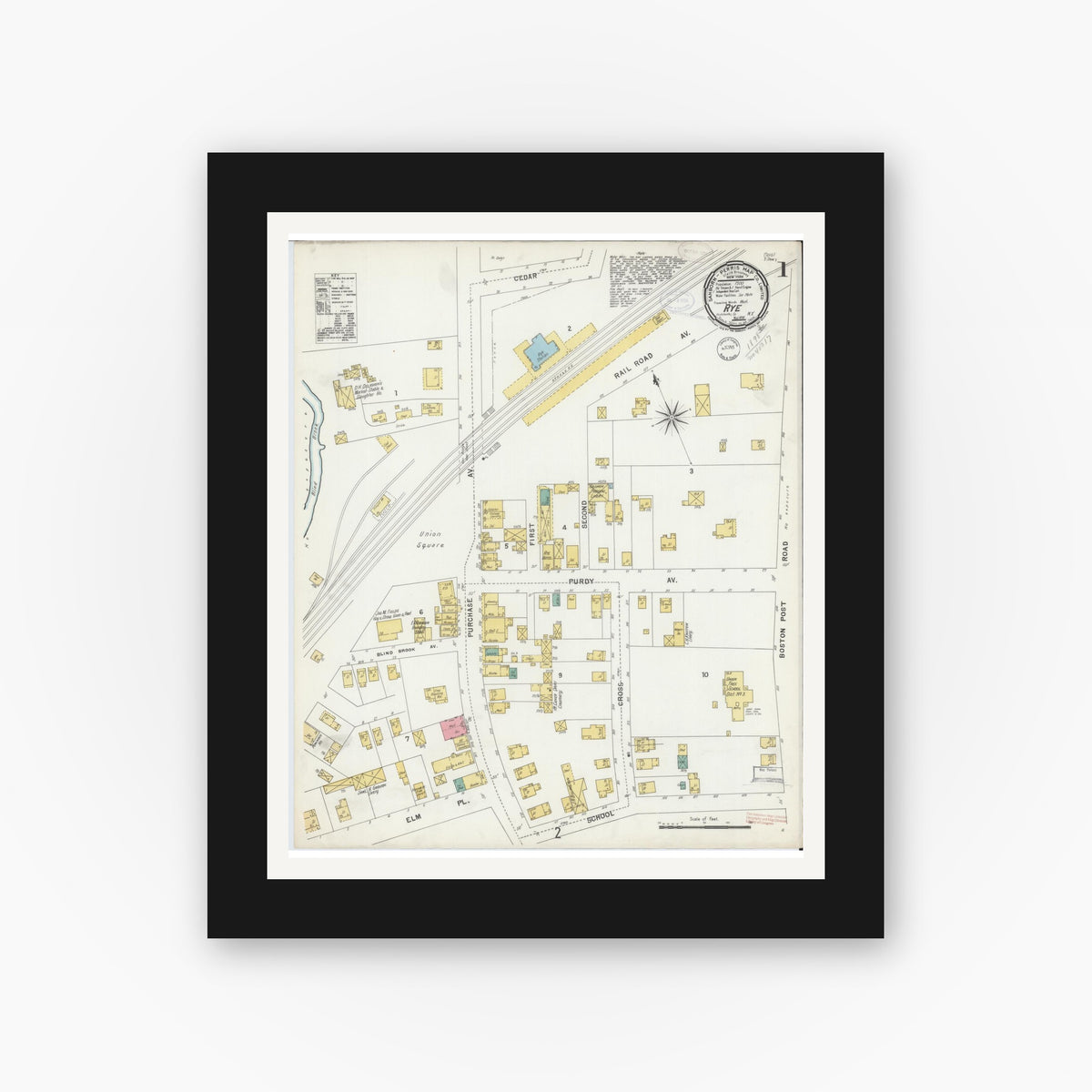 Old map wall art mockup — black gallery frame with white mat — Sanborn Fire Insurance Map from Rye, Westchester County, New York (1898) - Complete Map Set