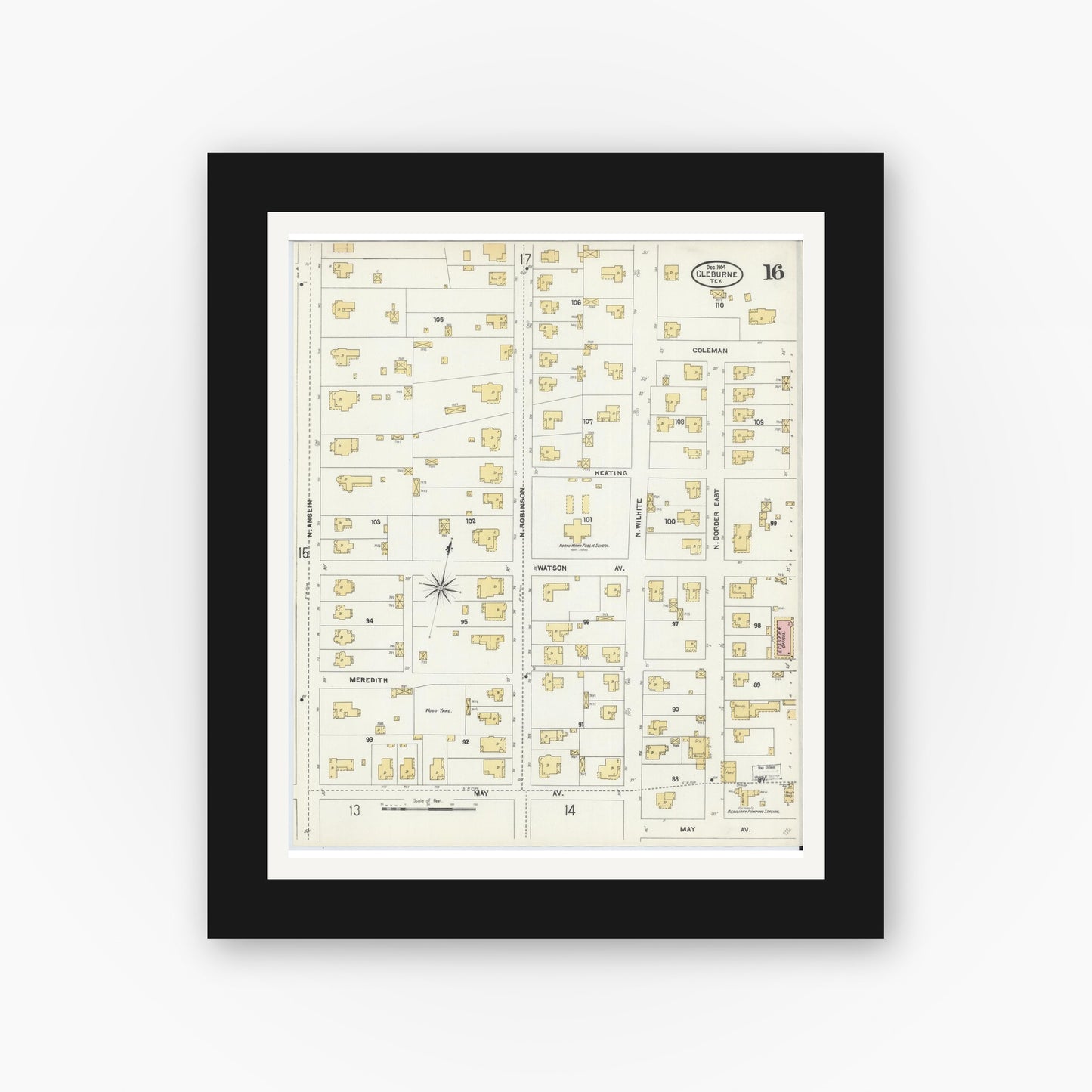 Old map wall art mockup — black gallery frame with white mat — Sanborn Fire Insurance Map from Cleburne, Johnson County, Texas (1904), Sheet #0016