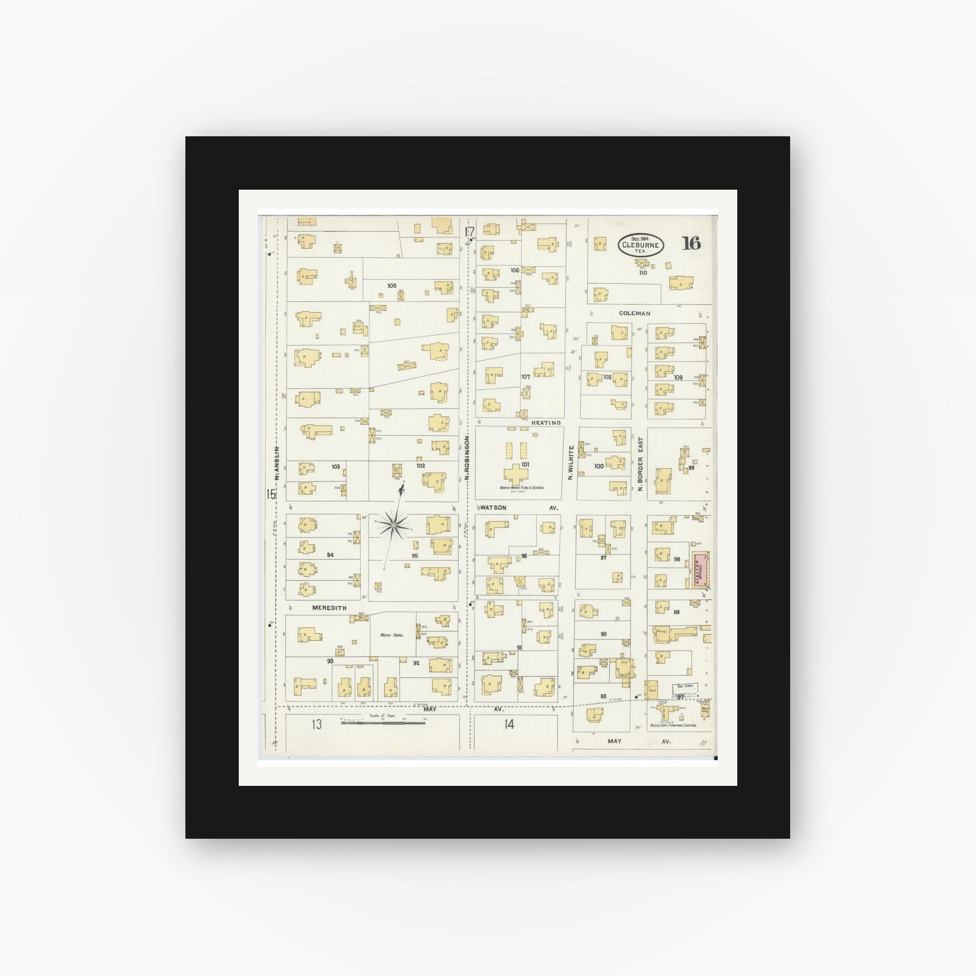 Old map wall art mockup — black gallery frame with white mat — Sanborn Fire Insurance Map from Cleburne, Johnson County, Texas (1904), Sheet #0016
