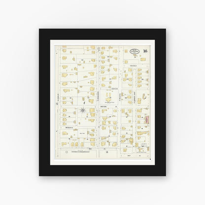 Old map wall art mockup — black gallery frame with white mat — Sanborn Fire Insurance Map from Cleburne, Johnson County, Texas (1904), Sheet #0016