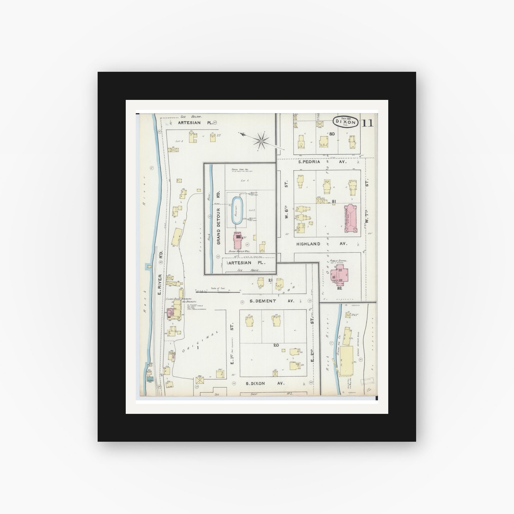Old map wall art mockup — black gallery frame with white mat — Sanborn Fire Insurance Map from Dixon, Lee County, Illinois (1891), Sheet #0011