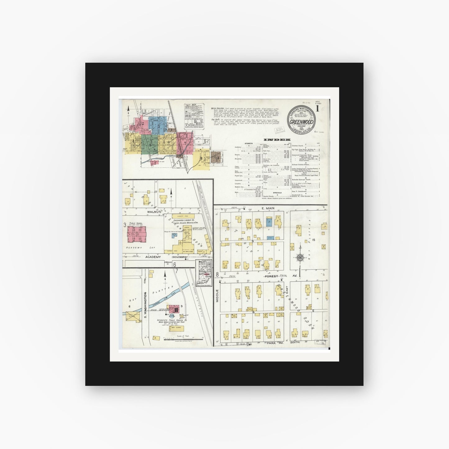 Old map wall art mockup — black gallery frame with white mat — Sanborn Fire Insurance Map from Greenwood, Johnson County, Indiana (1920) - Complete Map Set