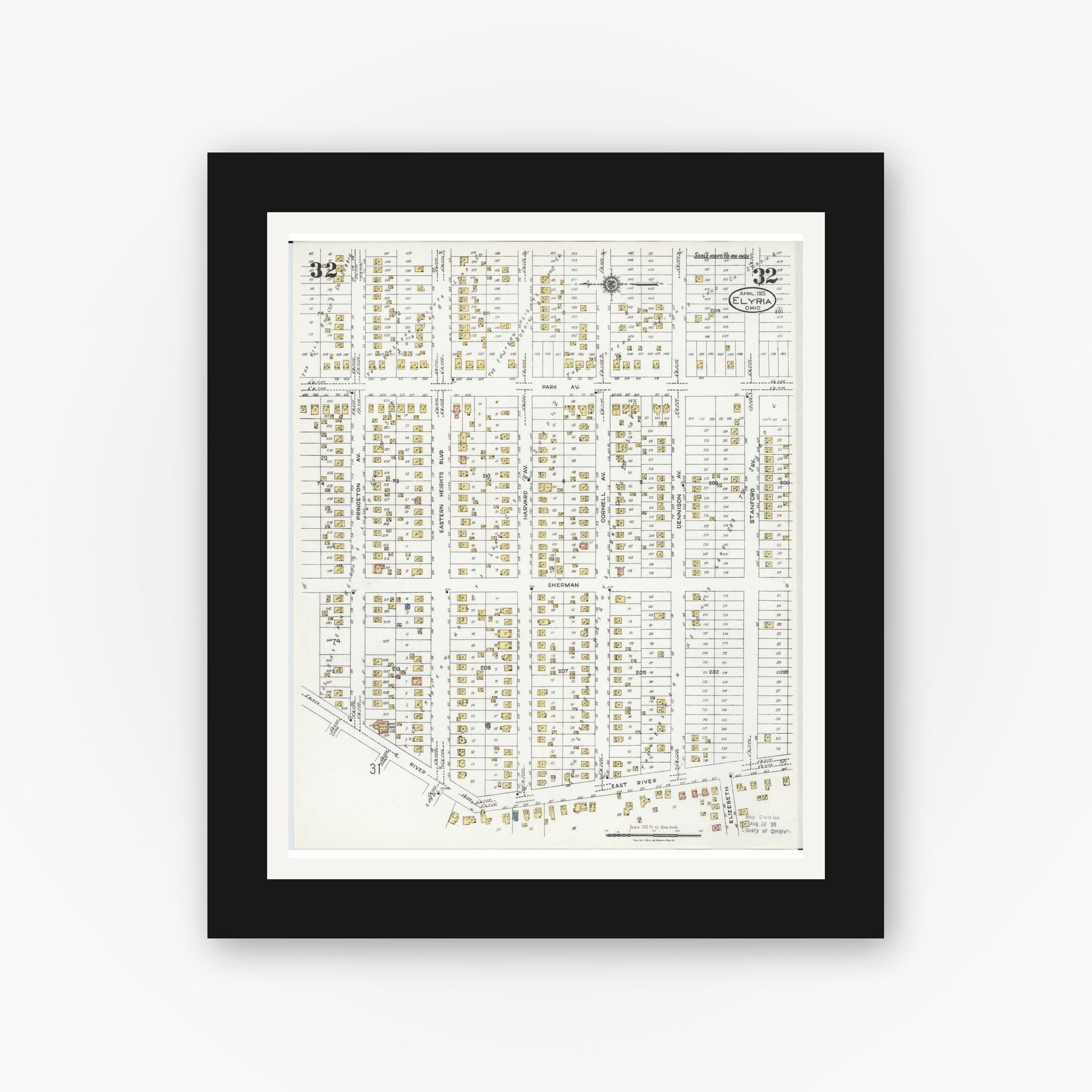 Old map wall art mockup — black gallery frame with white mat — Sanborn Fire Insurance Map from Elyria, Lorain County, Ohio (1925), Sheet #0032