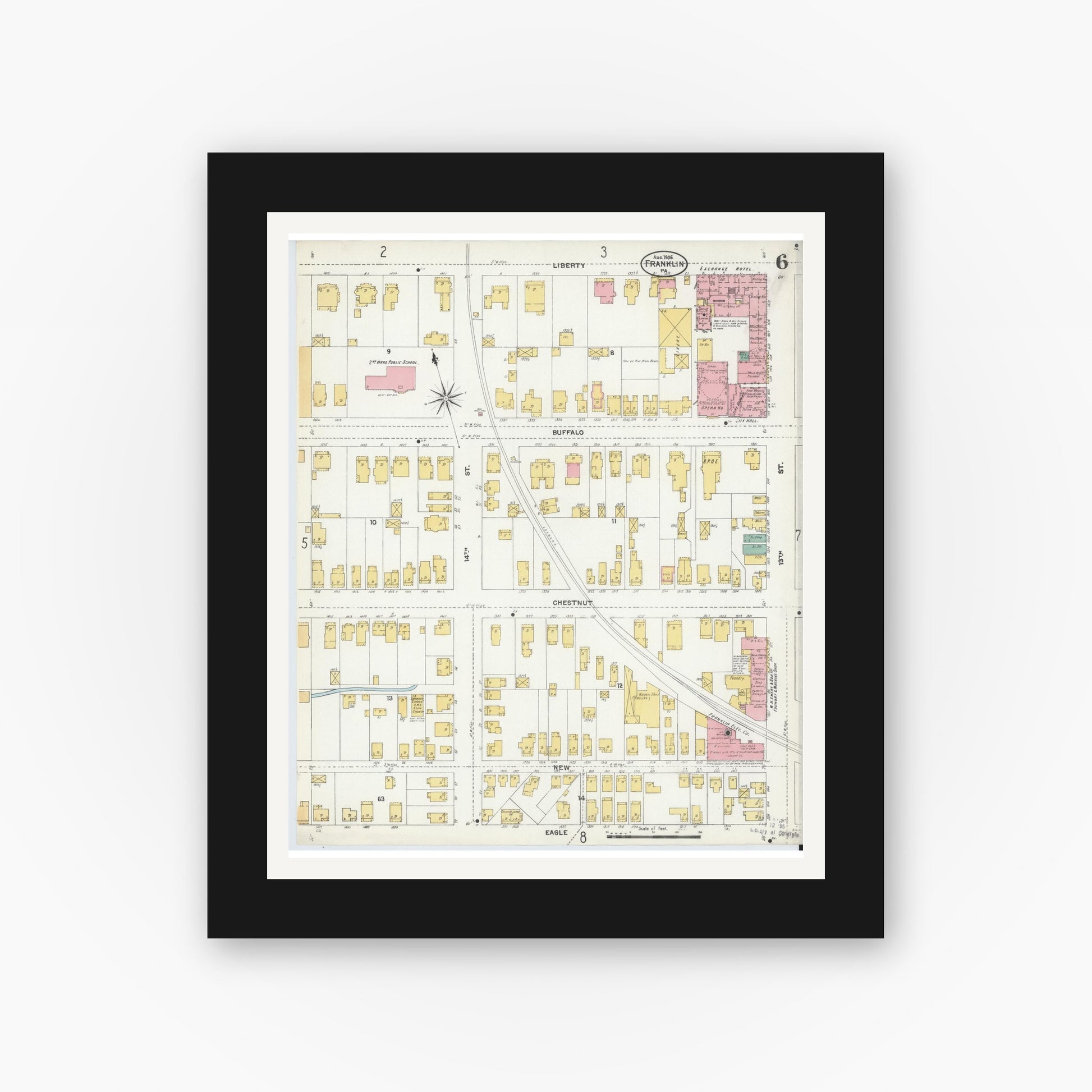 Old map wall art mockup — black gallery frame with white mat — Sanborn Fire Insurance Map from Franklin, Venango County, Pennsylvania (1906), Sheet #0006