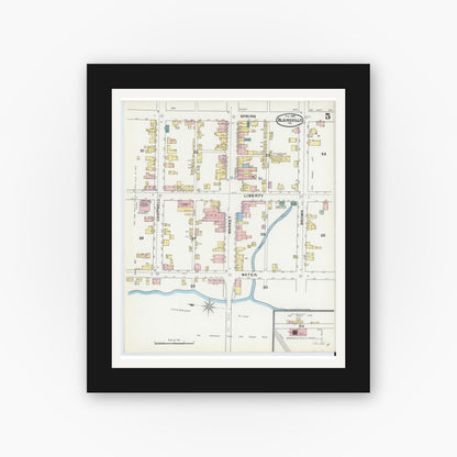 Old map wall art mockup — black gallery frame with white mat — Sanborn Fire Insurance Map from Blairsville, Indiana County, Pennsylvania (1892), Sheet #0005