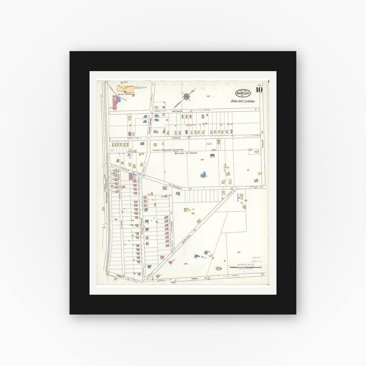 Old map wall art mockup — black gallery frame with white mat — Sanborn Fire Insurance Map from Ambler, Montgomery County, Pennsylvania (1921), Sheet #0010