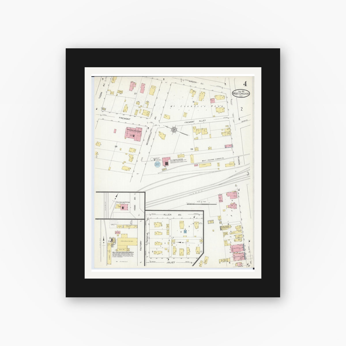 Old map wall art mockup — black gallery frame with white mat — Sanborn Fire Insurance Map from West Chicago, Du Page County, Illinois (1912), Sheet #0004