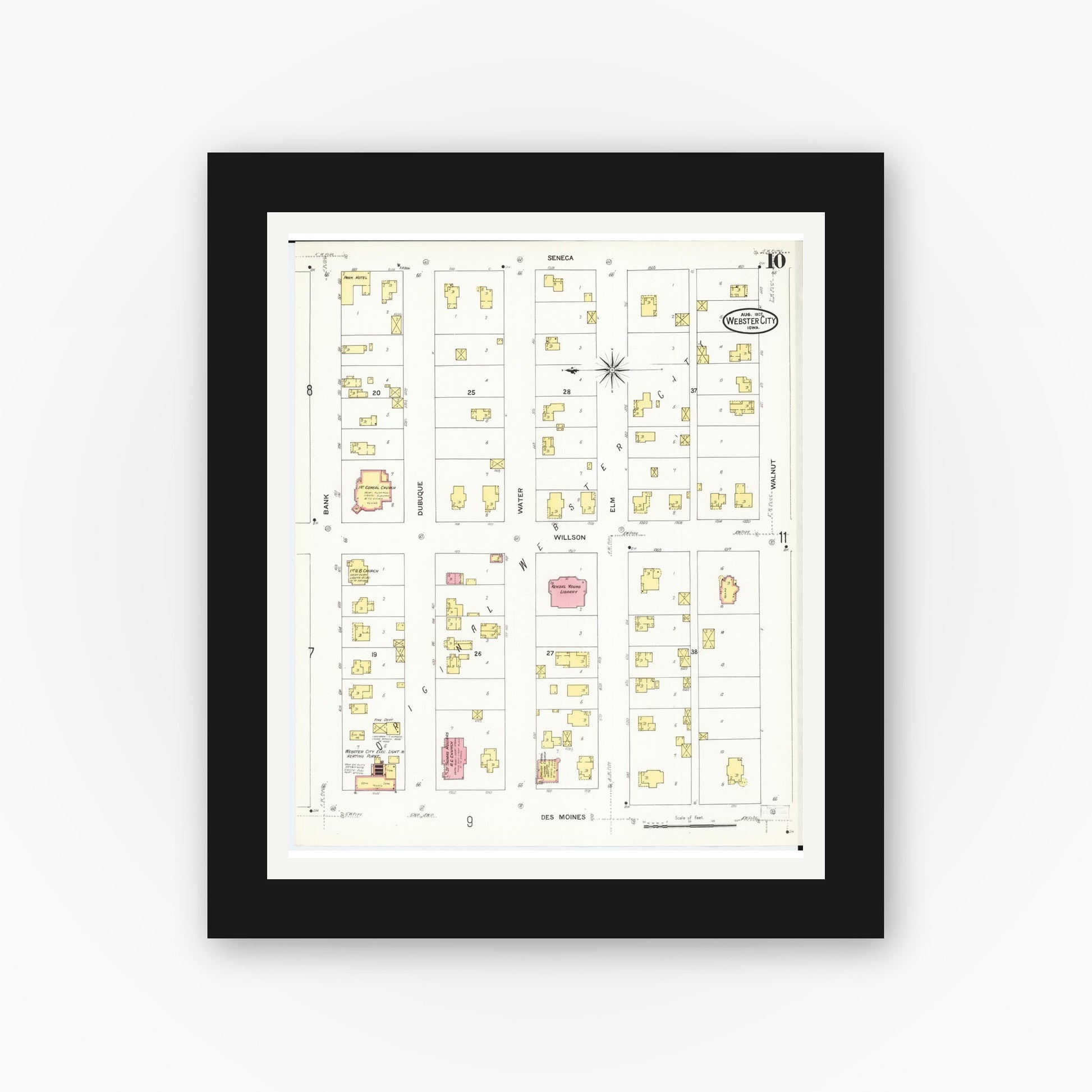 Old map wall art mockup — black gallery frame with white mat — Sanborn Fire Insurance Map from Webster City, Hamilton County, Iowa (1907), Sheet #0010