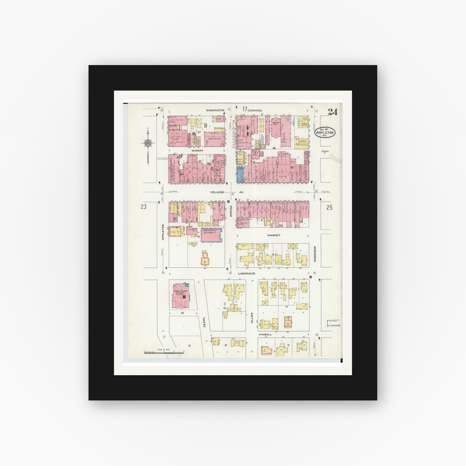Old map wall art mockup — black gallery frame with white mat — Sanborn Fire Insurance Map from Appleton, Outagamie County, Wisconsin (1911), Sheet #0024