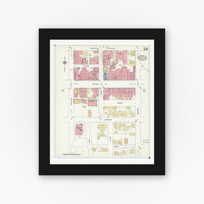 Old map wall art mockup — black gallery frame with white mat — Sanborn Fire Insurance Map from Appleton, Outagamie County, Wisconsin (1911), Sheet #0024