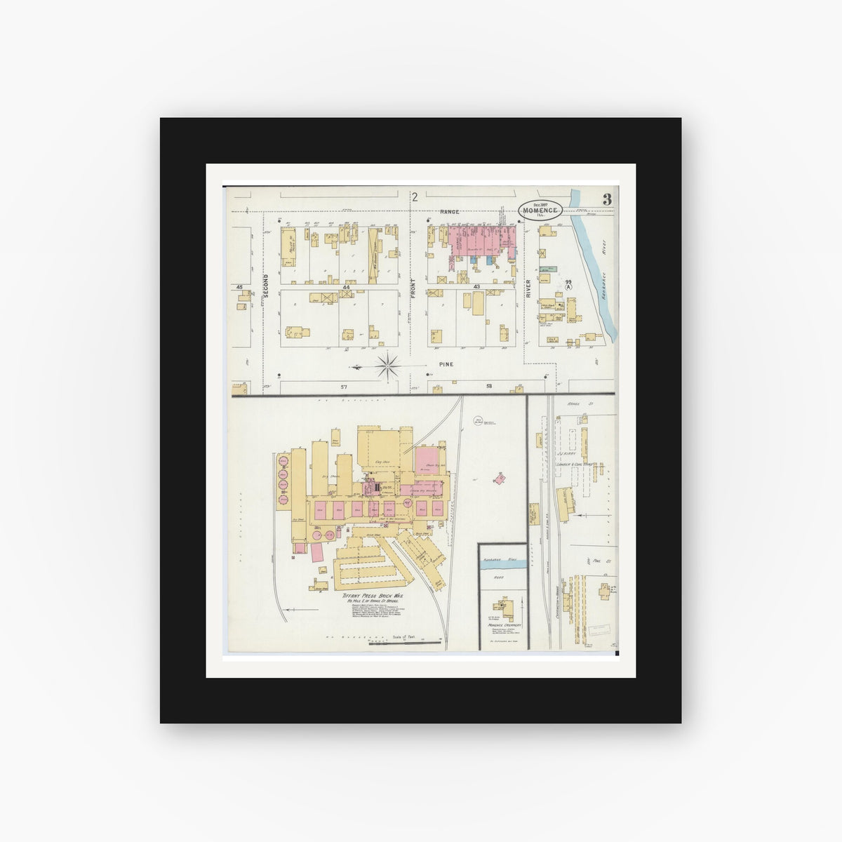 Old map wall art mockup — black gallery frame with white mat — Sanborn Fire Insurance Map from Momence, Kankakee County, Illinois (1897), Sheet #0003