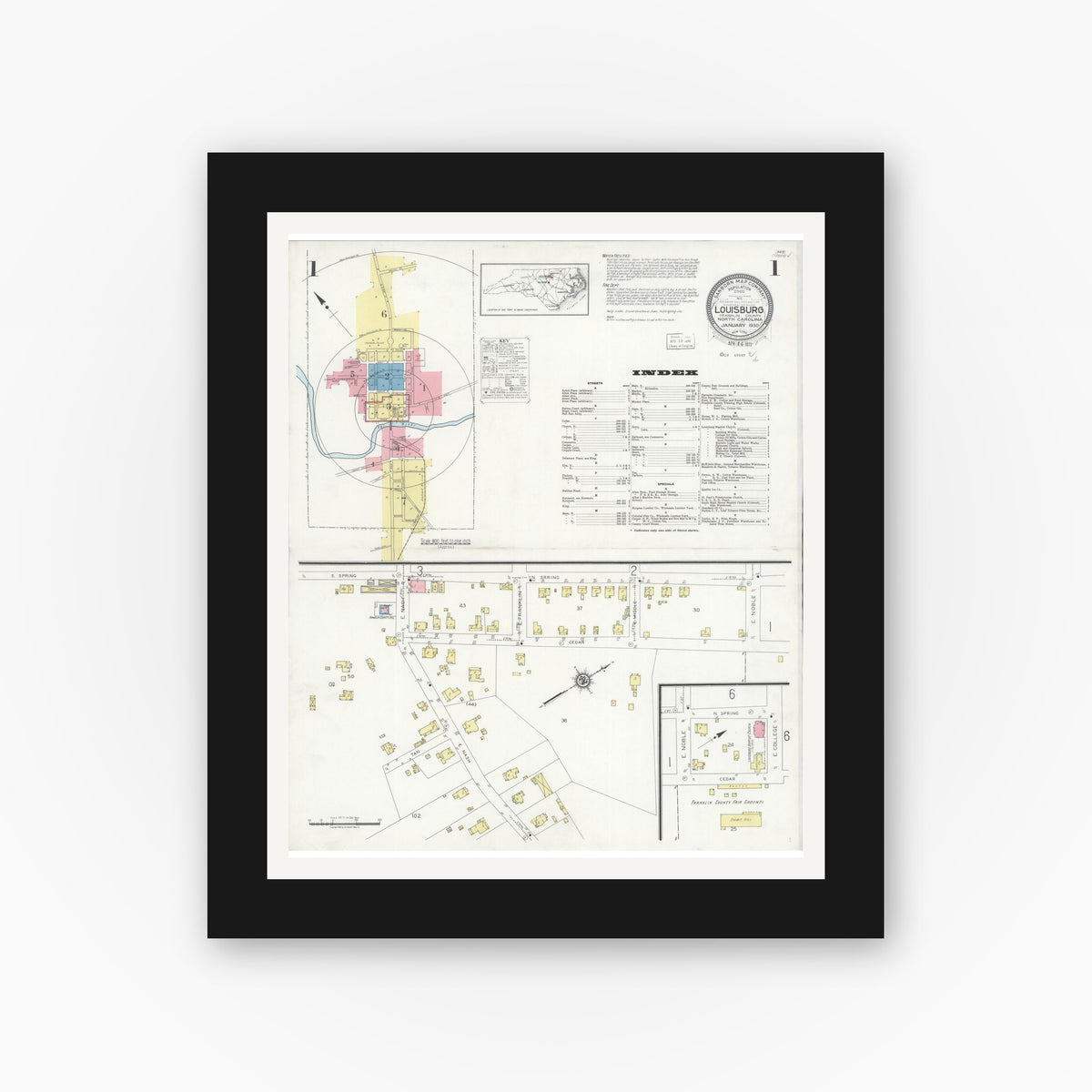 Old map wall art mockup — black gallery frame with white mat — Sanborn Fire Insurance Map from Louisburg, Franklin County, North Carolina (1930), Sheet #0001