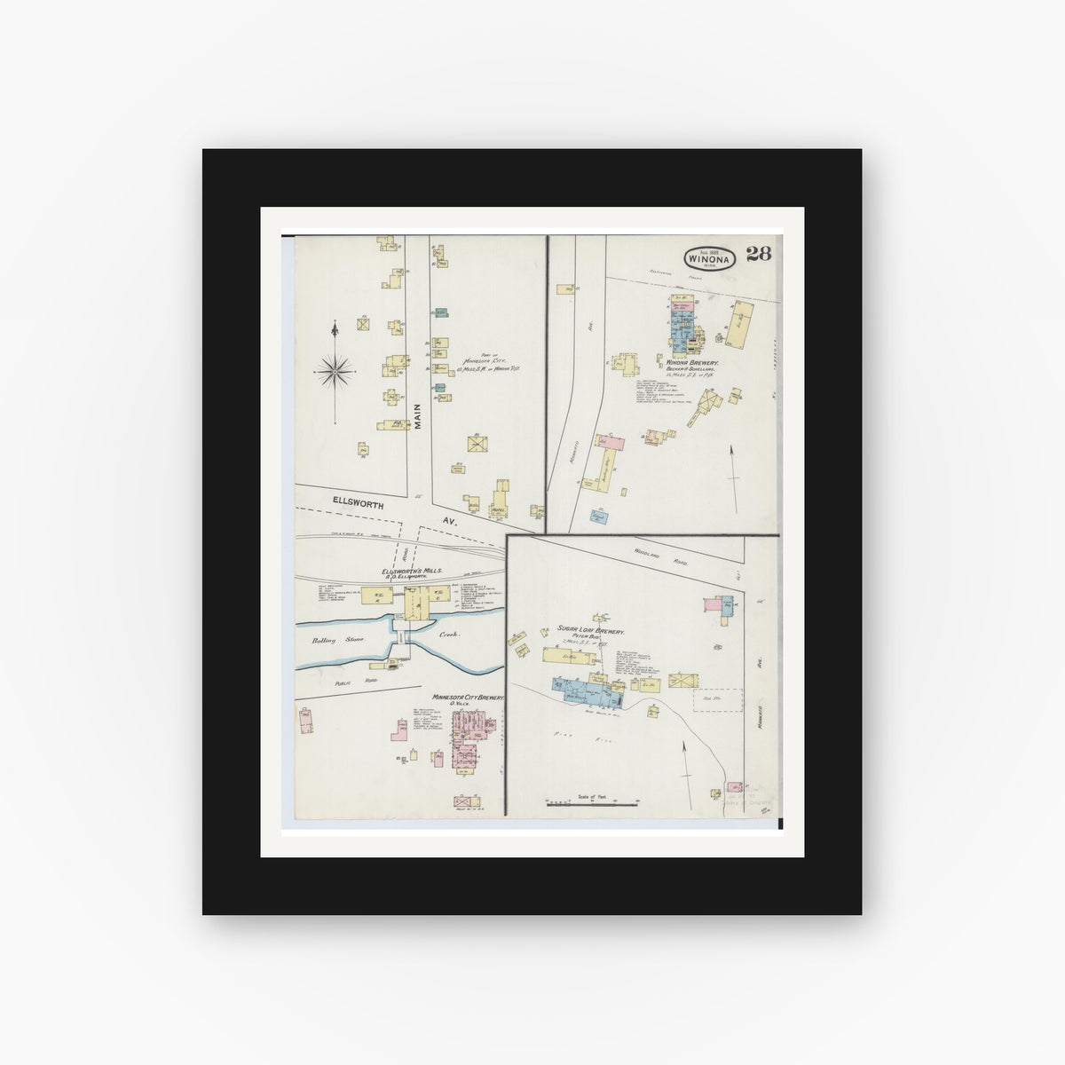 Old map wall art mockup — black gallery frame with white mat — Sanborn Fire Insurance Map from Winona, Winona County, Minnesota (1889), Sheet #0028