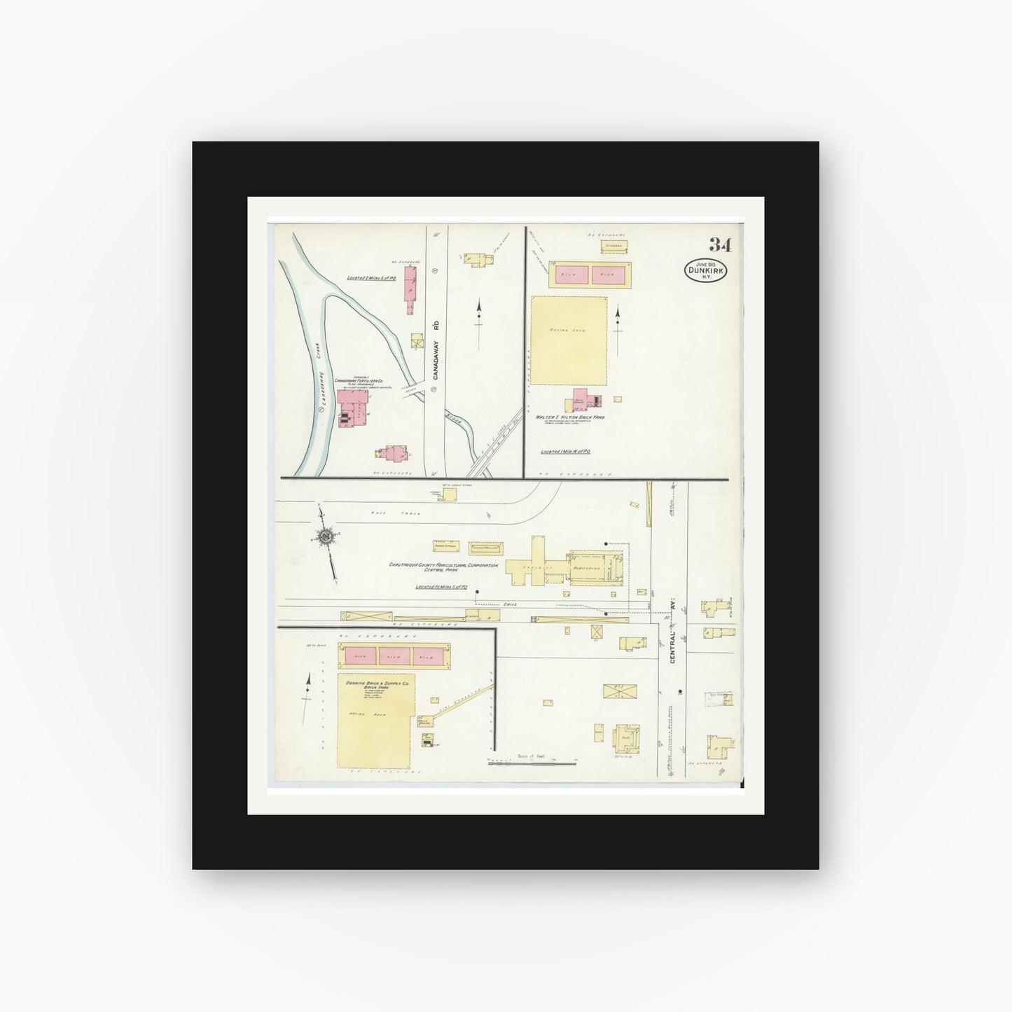 Old map wall art mockup — black gallery frame with white mat — Sanborn Fire Insurance Map from Dunkirk, Chautauqua County, New York (1910), Sheet #0034